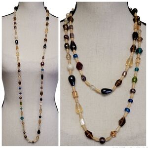 Wood & Glass Beaded Necklace 49" Long Multicolor Beige Mixed Media Boho Eclectic